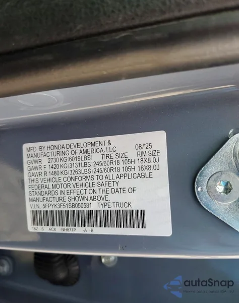 2025 Honda Ridgeline Rtl from USA, damaged, VIN 5FPYK3F51SB050581